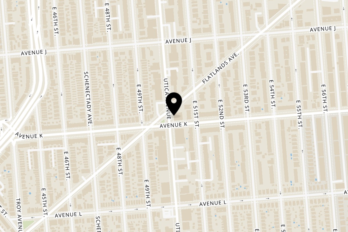 Map showing the location of Blueline Fry plantain Flatlands Ave on 5002 Flatlands Ave in Brooklyn