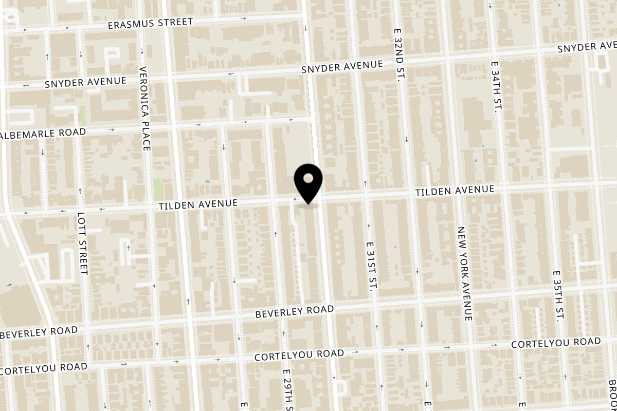 Map showing the location of Blueline Fry plantain Nostrand Ave on 1610 Nostrand Ave in Brooklyn